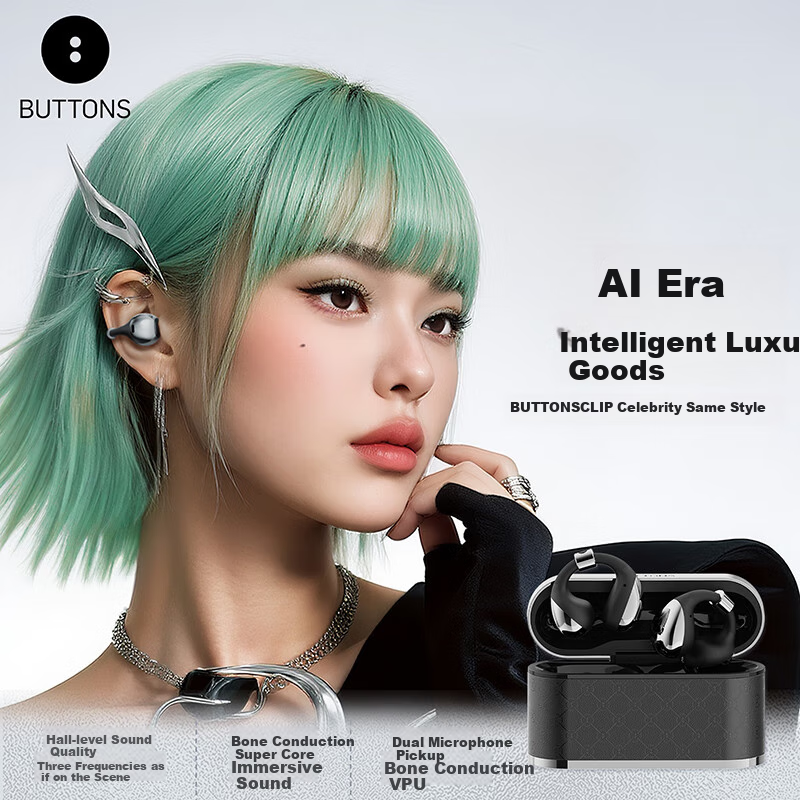 BUTTONS CLIP Bluetooth Headphones with Ear Clips, Open-Air AI Bone Conduction Wireless Sports Ear Hooks, Call Noise Reduction Microphone, Black And Silver Color, Gift for Men And Wome