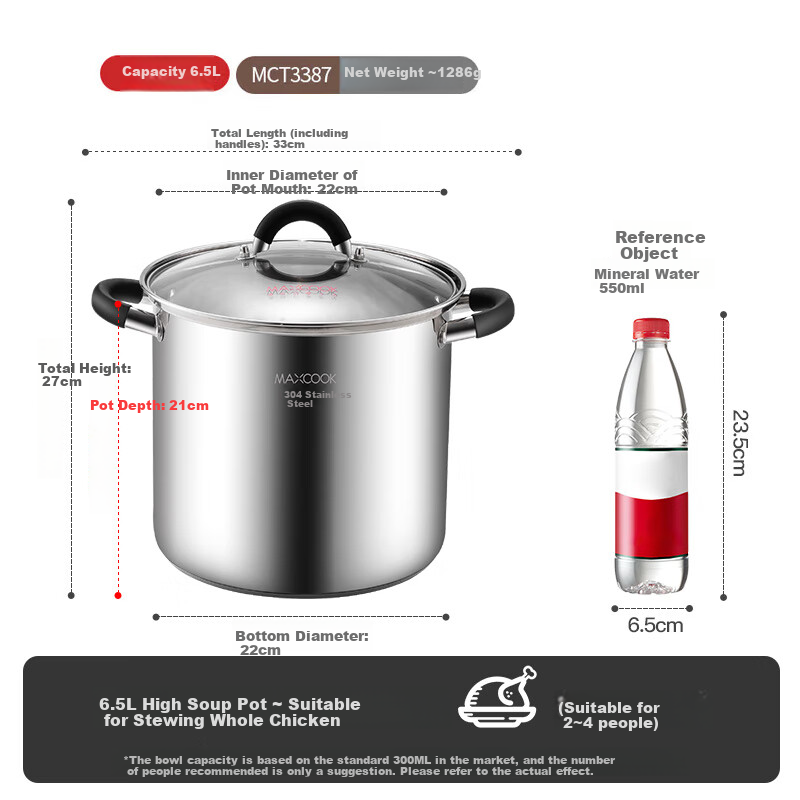 MAXCOOK Soup Pot, 304 Stainless Steel, Double-Bottom Stock Pot 22cm, Compatible with Gas Stove And Induction Cooker, MCT3387