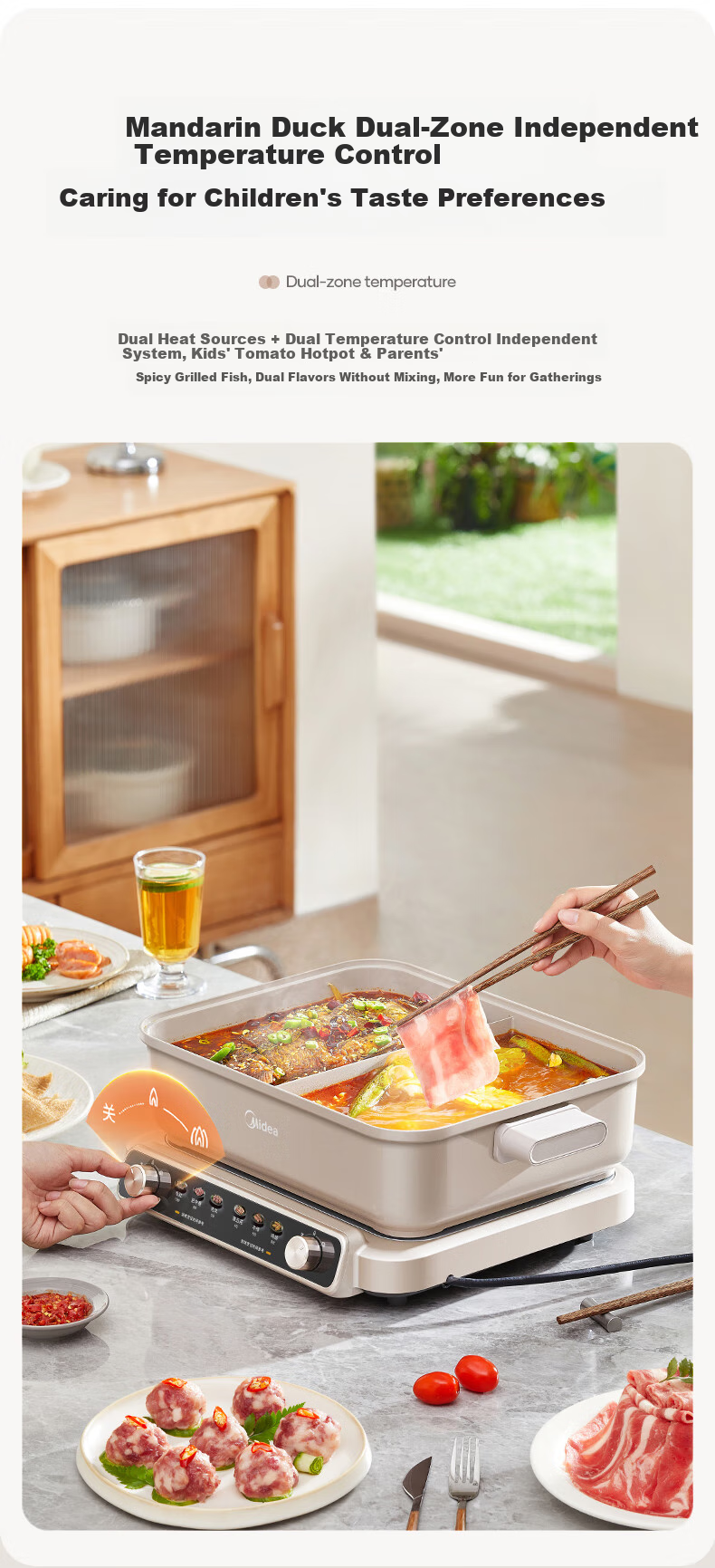 Midea Rapid Boiling Electric Hot Pot, Zero Fluorine Nano Non-Stick Ultra-Thin Household Electric Cooking Pot, 8L Large Capacity Zoned Temperature Control Yin-Yang Hot Pot, 2100W Multifunctional Pot 11