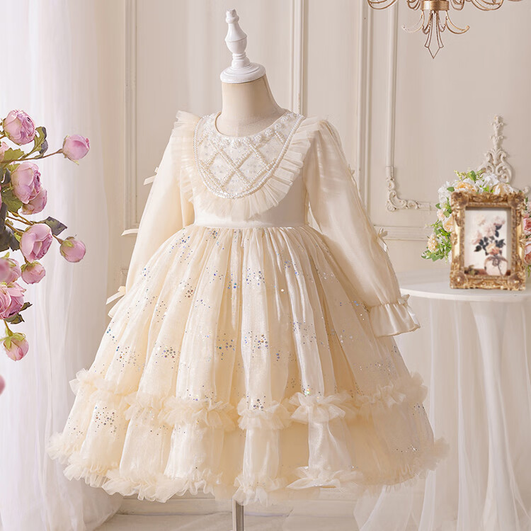 LUOBOBEIBEI Girls Princess Dress Autumn Long Sleeve Puff Dress Fashion Show Wedding Dress for Girls Champagne Color 150cm 2