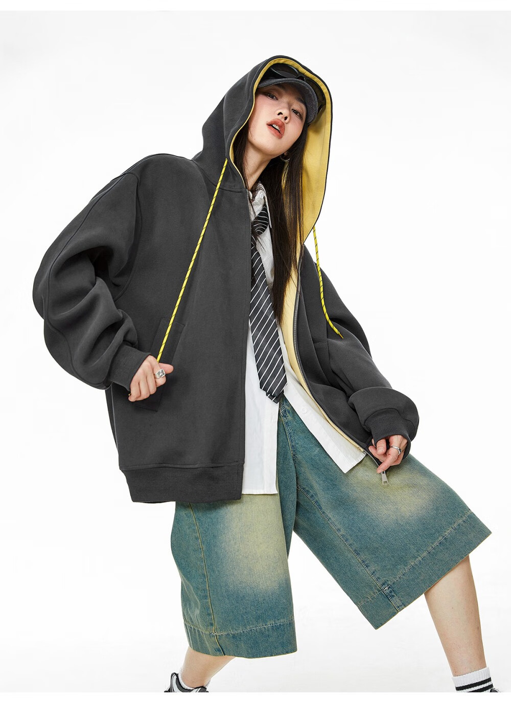 ICH MODE Women's Hoodie American Vintage Loose Fit Zip-up Sweatshirt Spring Autumn New Light Heather Gray L 30