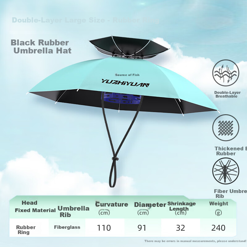 Yuzhiyuan Head Umbrella Hat, Double-Layer Breathable Fishing Umbrella, Outdoor Fishing Sun Protection And Rain Protection, Black Rubber, Medium Size, Adult Rubber Ring 10