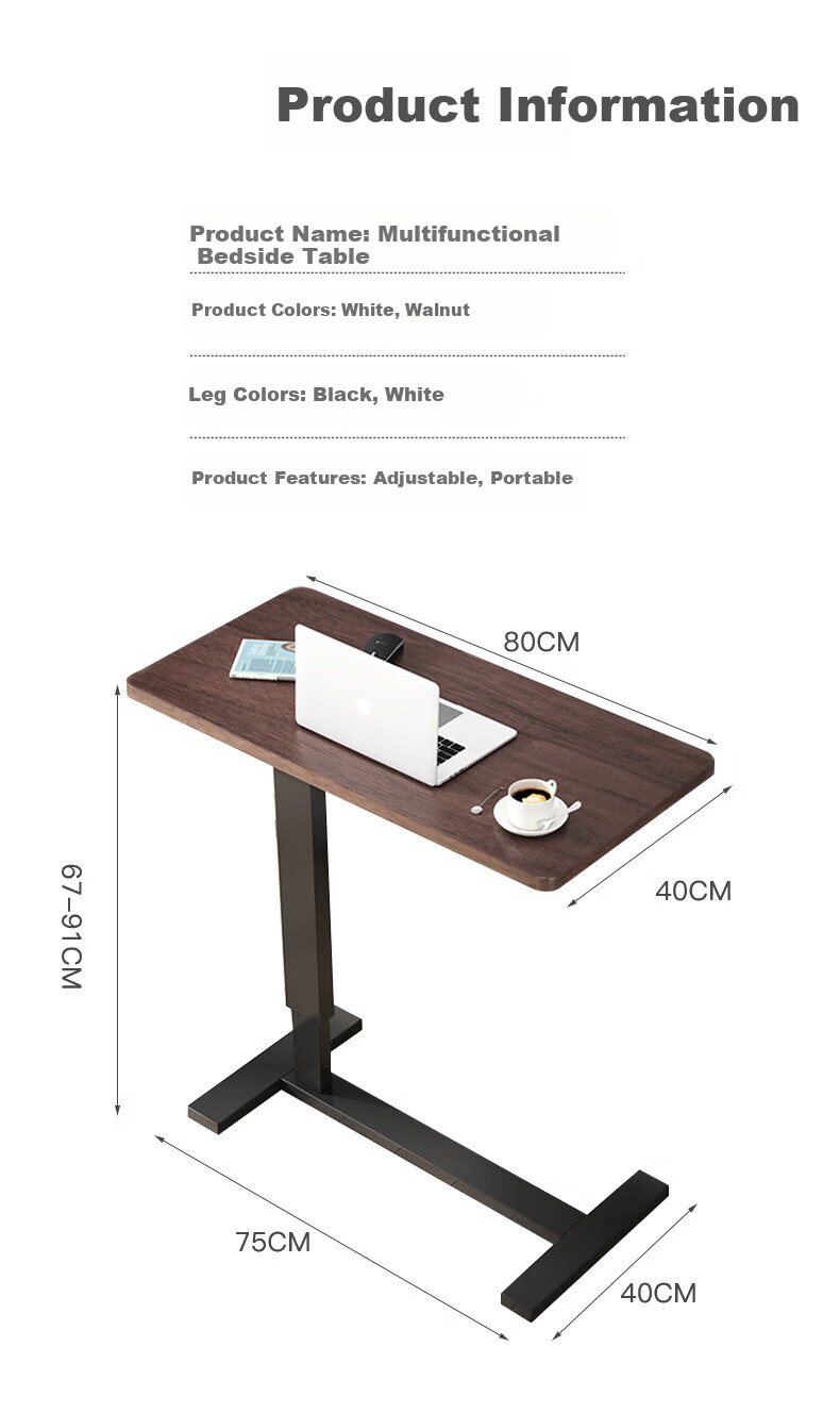 Qianxihuafu Pneumatic Height Adjustable Mobile Computer Desk, Bedside Table, Foldable Study Writing Desk, Living Room Side Table, Walnut 8