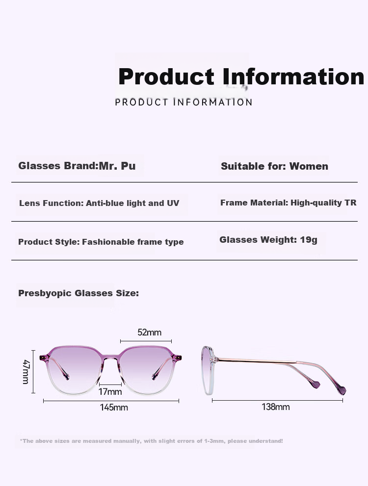 Mr. PuTian Anti-Blue Light Reading Glasses for Women, Bifocal Progressive Purple High-End Reading Glasses, 200 Degrees (For Ages 55-59) 11