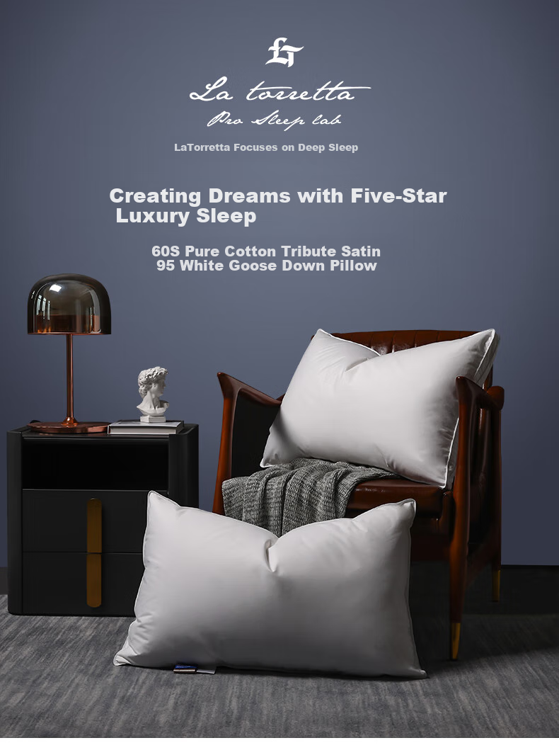 La Torretta Pillow, down Alternative Pillow, 95% White Goose Down Pillow Core, High-Elasticity Star-Rated Hotel Satin Goose Down Pillow, One Piece 1