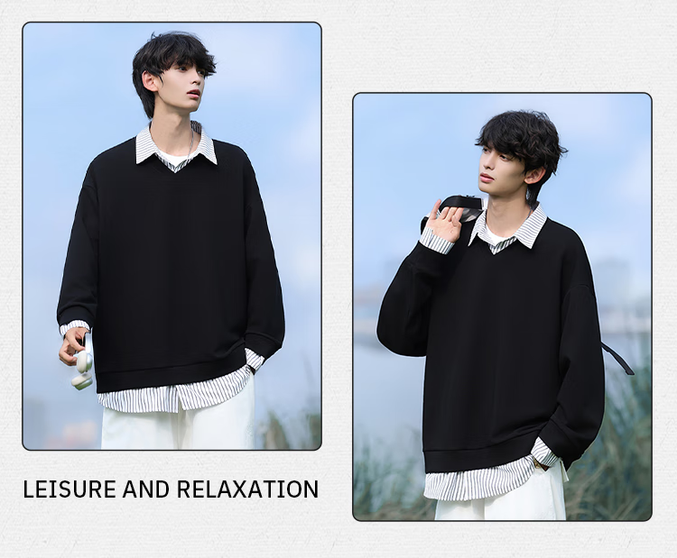Homlean Casual Two-Piece Shirt Collar Color-Block Sweatshirt Men Autumn Winter Striped Loose Japanese Style HK05 Light Gray M 5
