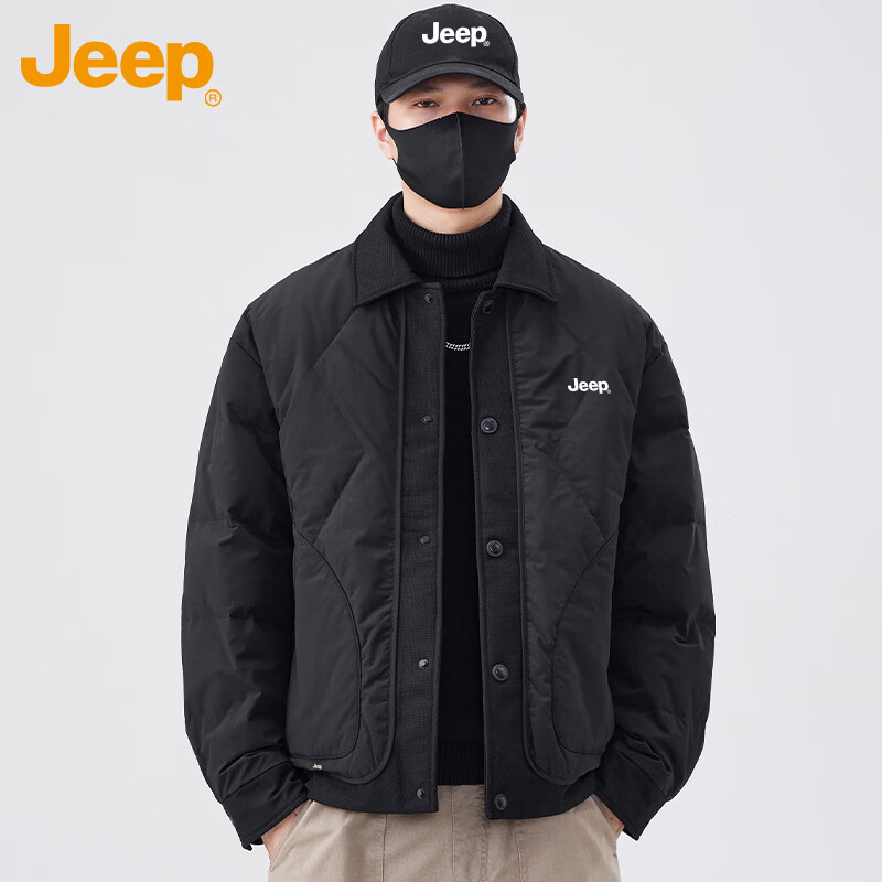 JEEP Men's Winter Short Down Jacket Warm Lapel Coat Casual Men's Clothing Black 2XL