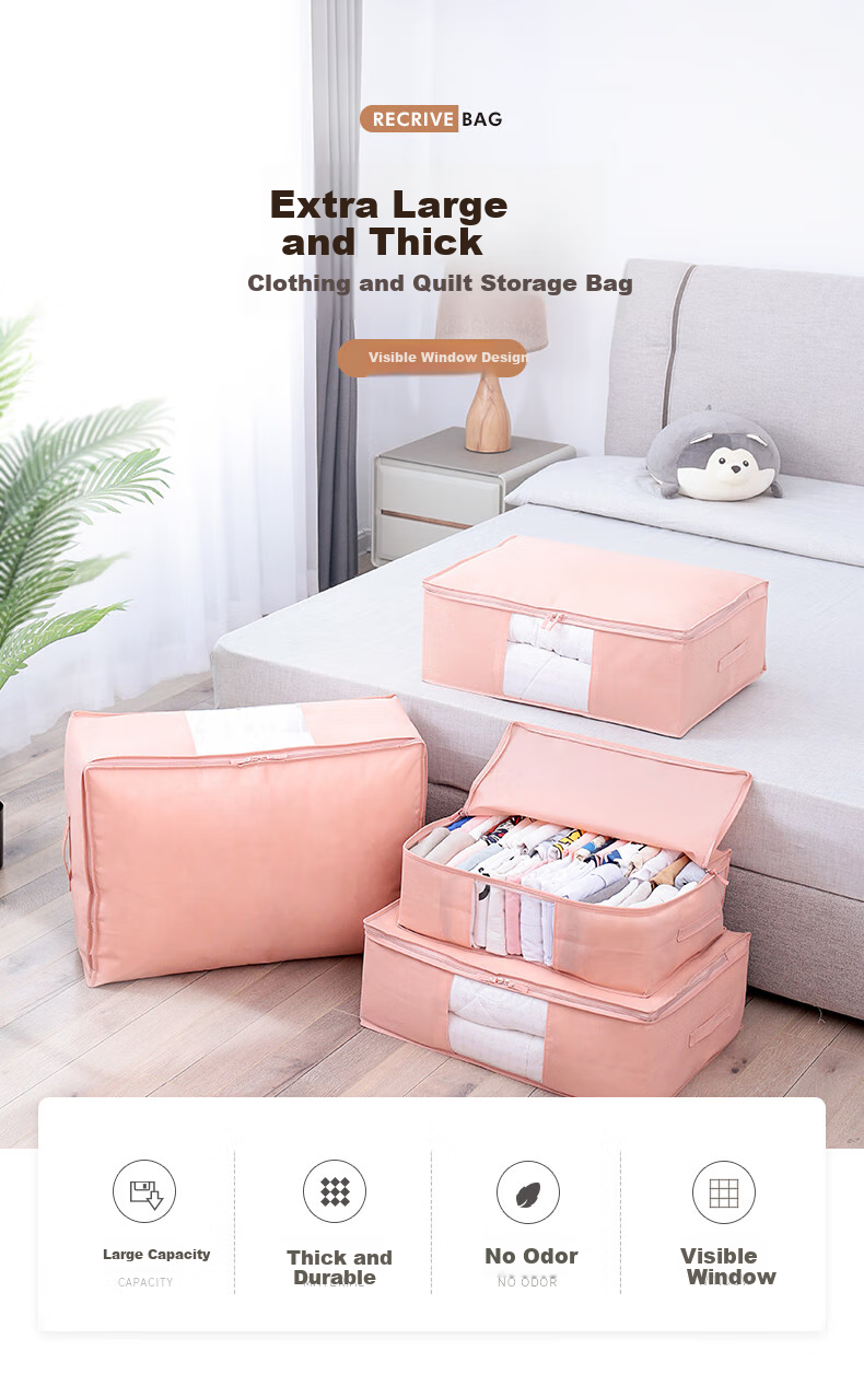 Baicaoyuan Storage Bags, Clothes And Quilt Organizer Bags, Storage Pouches, 2 Extra Large, 2 Large, 2 Small, Coral Pink, Moving And Packing Bags 2