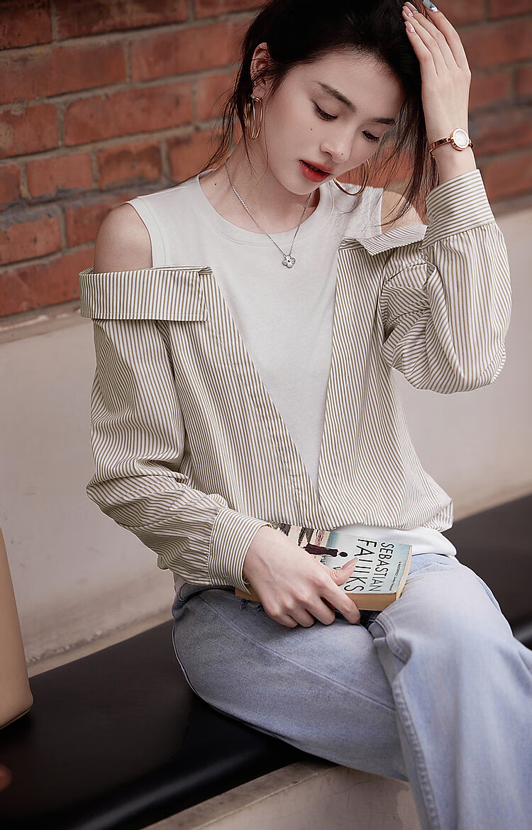 Dme Round Neck Cotton Faux Two-Piece Off-Shoulder Shirt, Plaid Patchwork Blouse, Women's Top, Off-White, M 13
