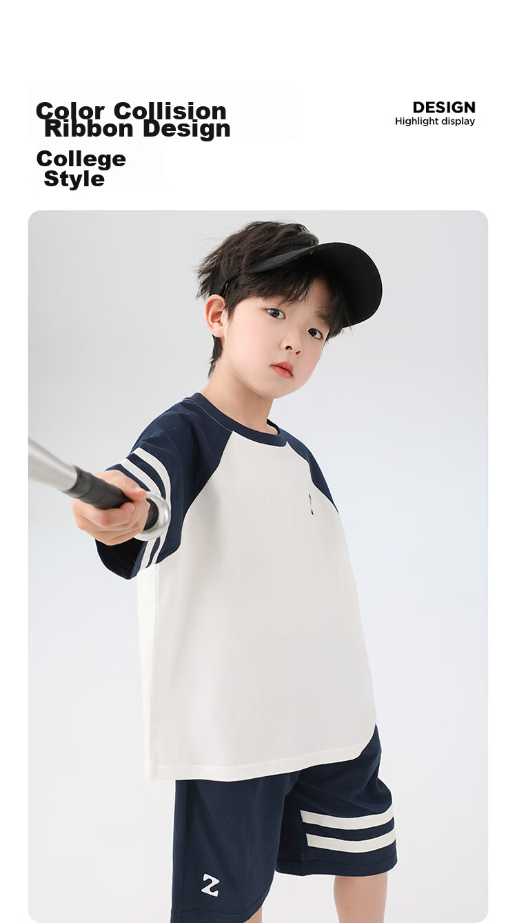 Zuoxi Boys' Summer Outfit Set, Children's Sports Short-Sleeve Pure Cotton Summer 2026 New Style Two-Piece Set for Boys, White, Size 170 3