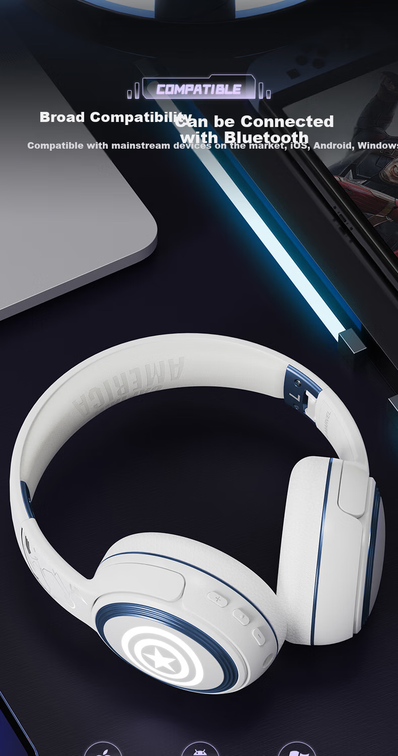 Disney Marvel Co-Branded Wireless Bluetooth Headphones, Over-Ear, Long Battery Life, for E-Sports Gaming, Sports, Music, Computer Headset, Couples Birthday Gift for Men, MR13 Black Panther 8