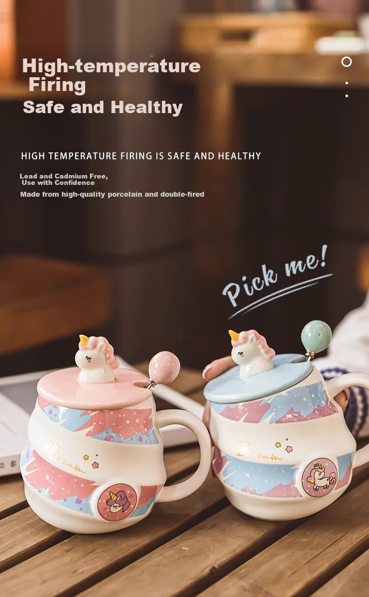 PINYU Mug, Coffee Cup, Ceramic Water Cup, Birthday Gift with Lid And Spoon, Pink Unicorn Design, 400ml Capacity 4