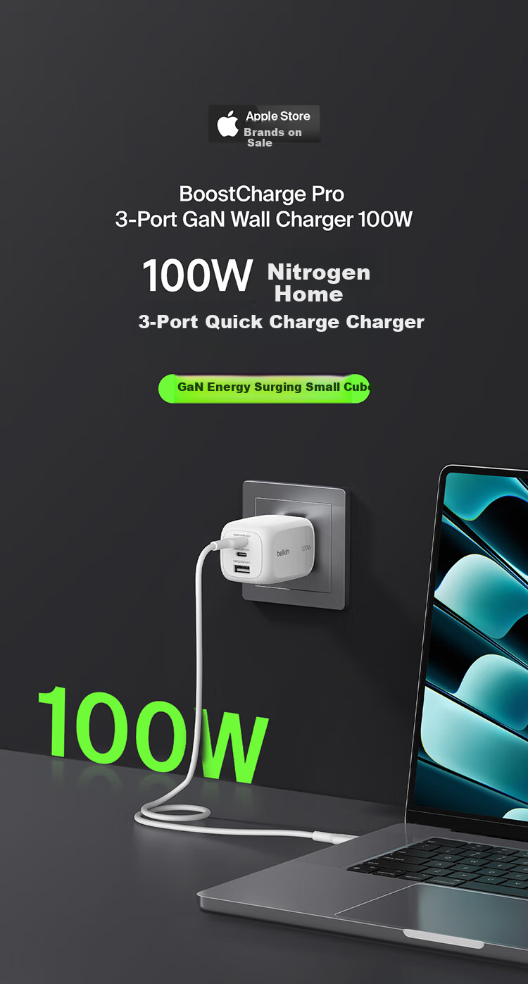 BELKIN Apple Charger, 100W Gallium Nitride 3-Port Fast Charging Adapter, Power Supply for Apple IPhone 17 Tablet, Compatible with PD3.1 And PPS Protocols 2