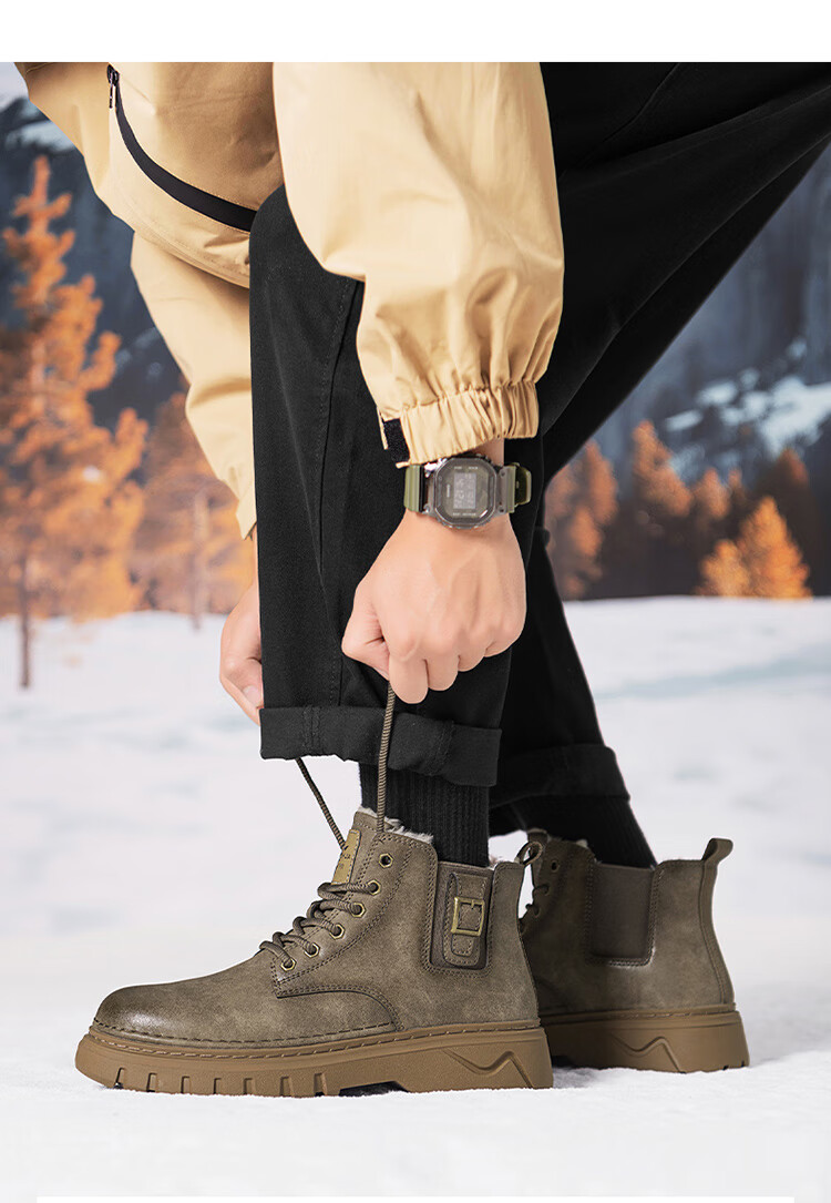 Bull Family Martin Boots Men 2026 Winter New Versatile Yellow Boots Fleece Lined Warm Snow Boots Men's Outdoor Hiking Shoes 51