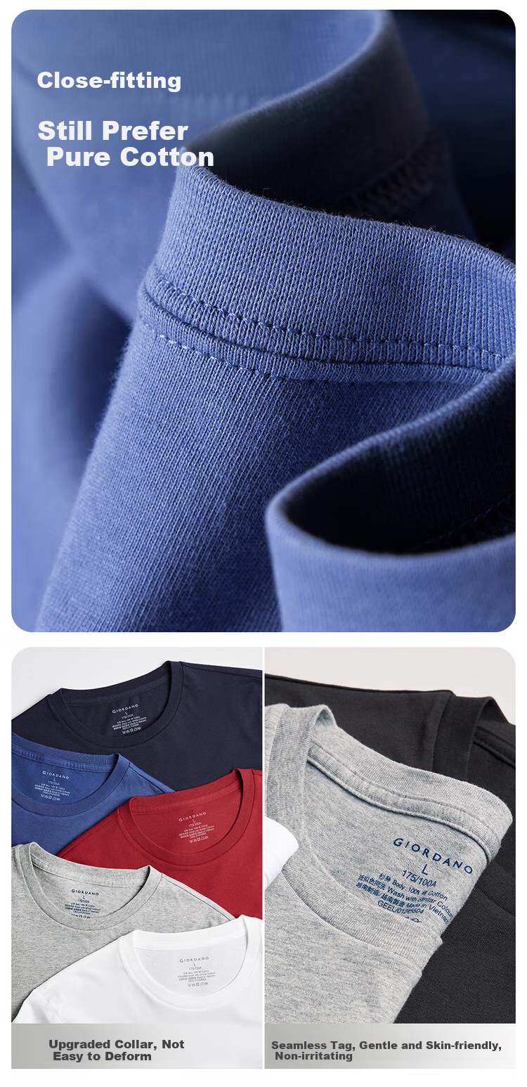 Giordano, 3-Pack Men's T-Shirts, Short-Sleeve Cotton Round Neck Undershirt, Men's Pure Cotton Half-Sleeve Shirt, 18244504 4