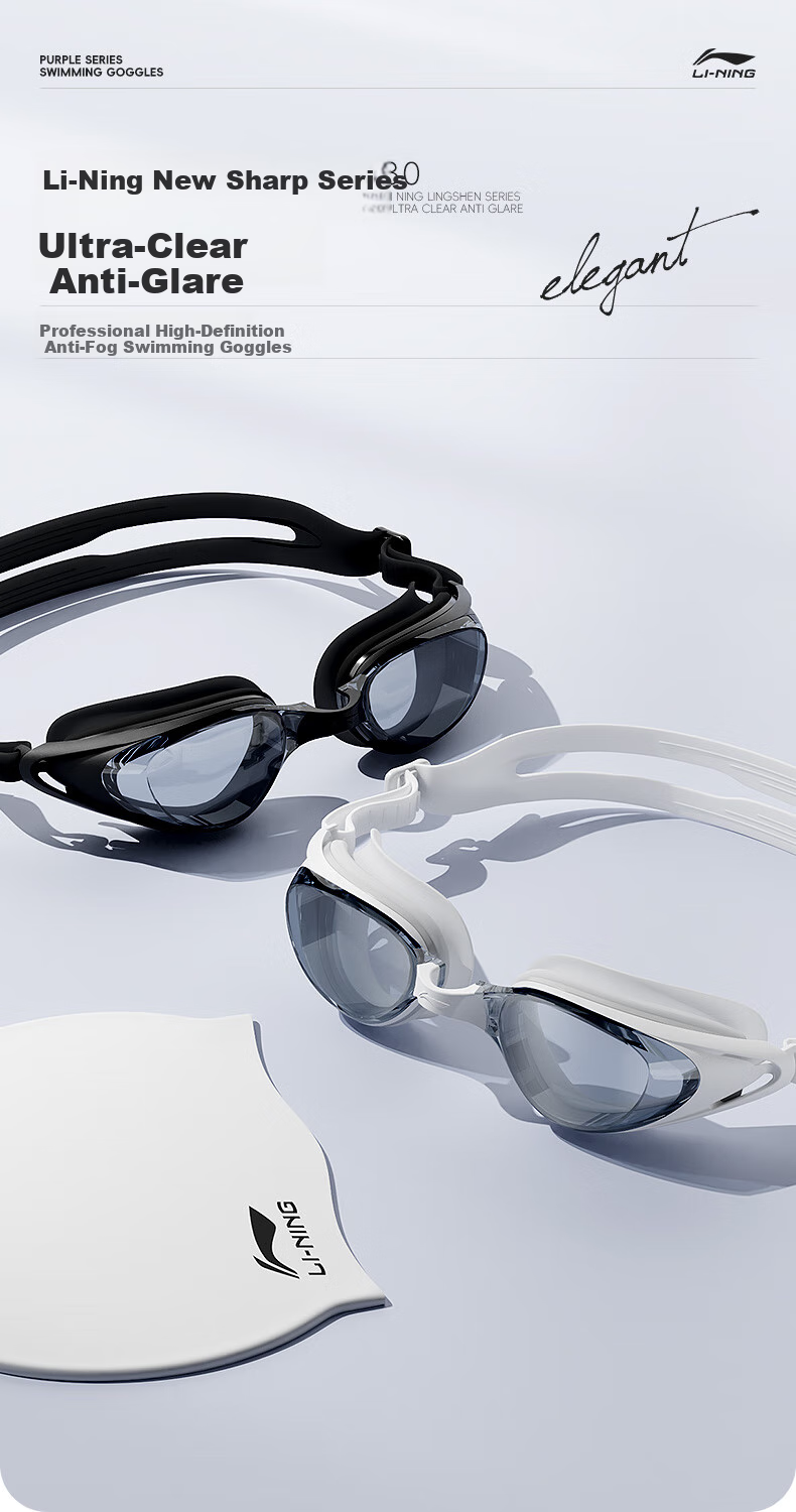 Li-Ning Swimming Goggles, Waterproof And Anti-Fog, High Definition for Men And Women, Professional Training Clear Lens Swimming Glasses, 2212 White 1