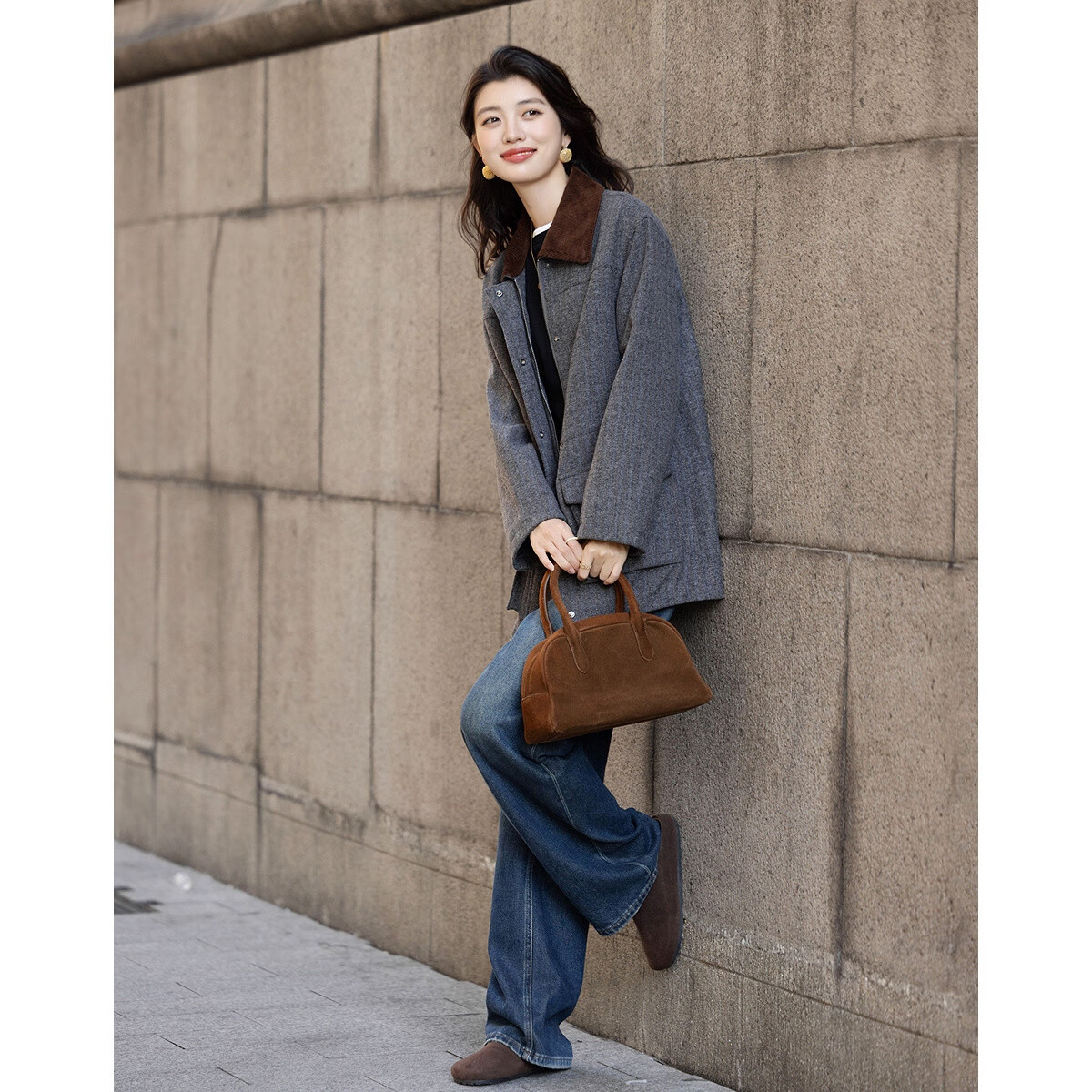 Demana Barn Style Winter Vintage Shearling Corduroy Lapel Drawstring Metal Snap Work Jacket