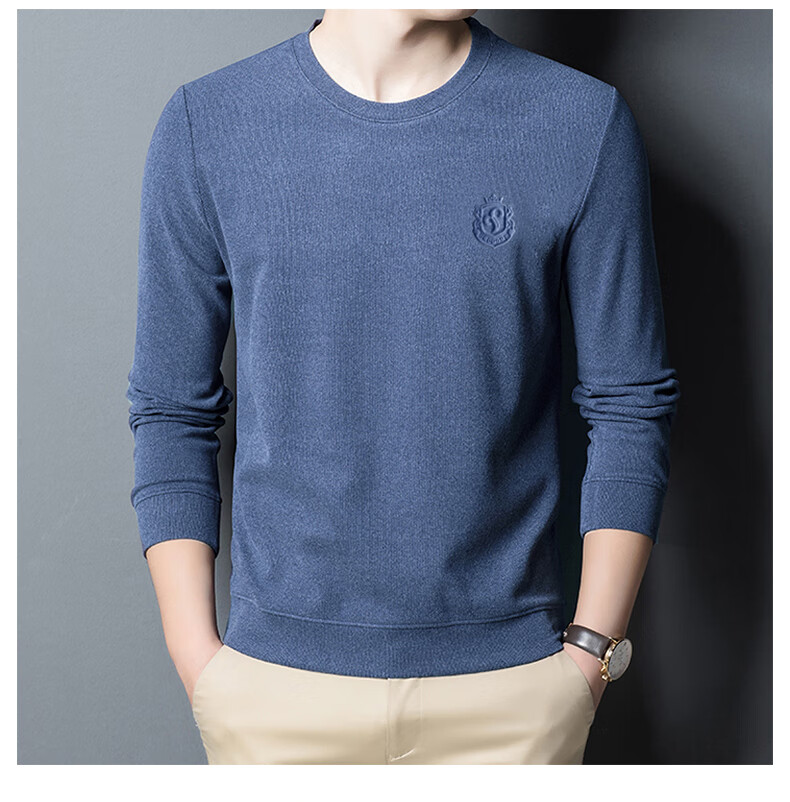 ROMON Men's Spring and Autumn Business Crew Neck Long Sleeve T-Shirt Quality Casual Base Shirt Jacket Men's 113 Green M 12