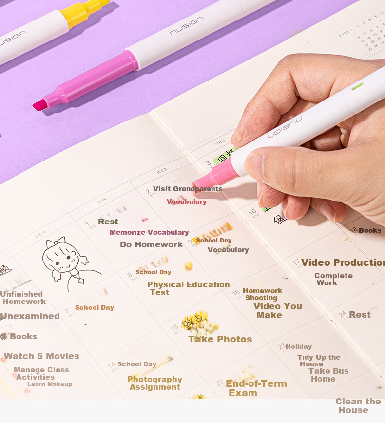 NUSIGN Dual-Tip Two-Color Bleed-Resistant Highlighters for Exam Review And Key Marking, 6 Colors, 3 Pens NS720-1 [Best-Selling Product], Deli's High-End Brand 6