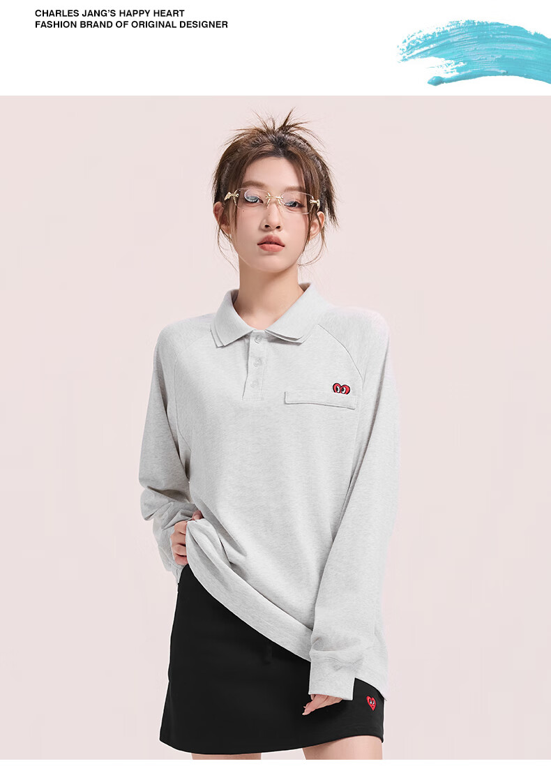 Charles Peach Heart Vintage Polo Shirt Unisex Autumn Trendy Loose Fit Classic Collar Solid Color Couple Long Sleeve Light Heather Gray XS 6