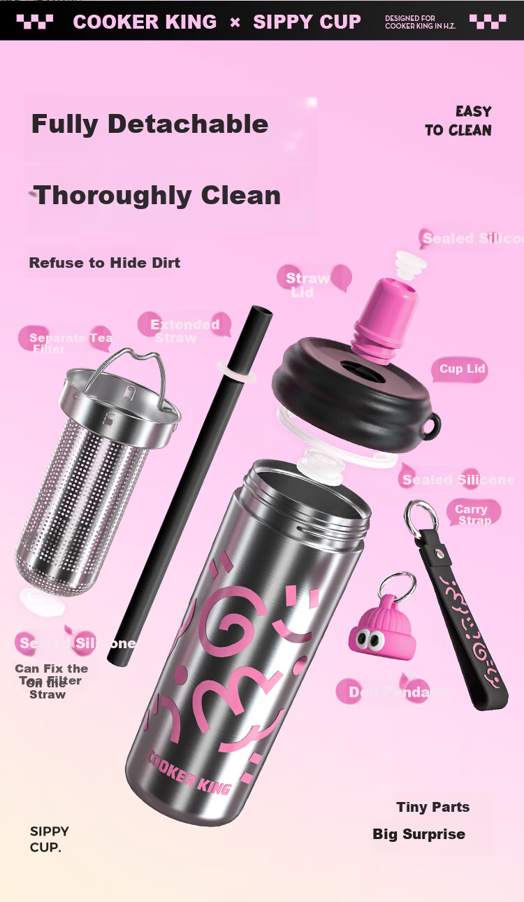 COOKER KING Insulated Mug, 316 Stainless Steel, Stylish Design for Women, Tea Infuser Cup with Straw, Large Capacity Water Bottle for Children, 600ml 10