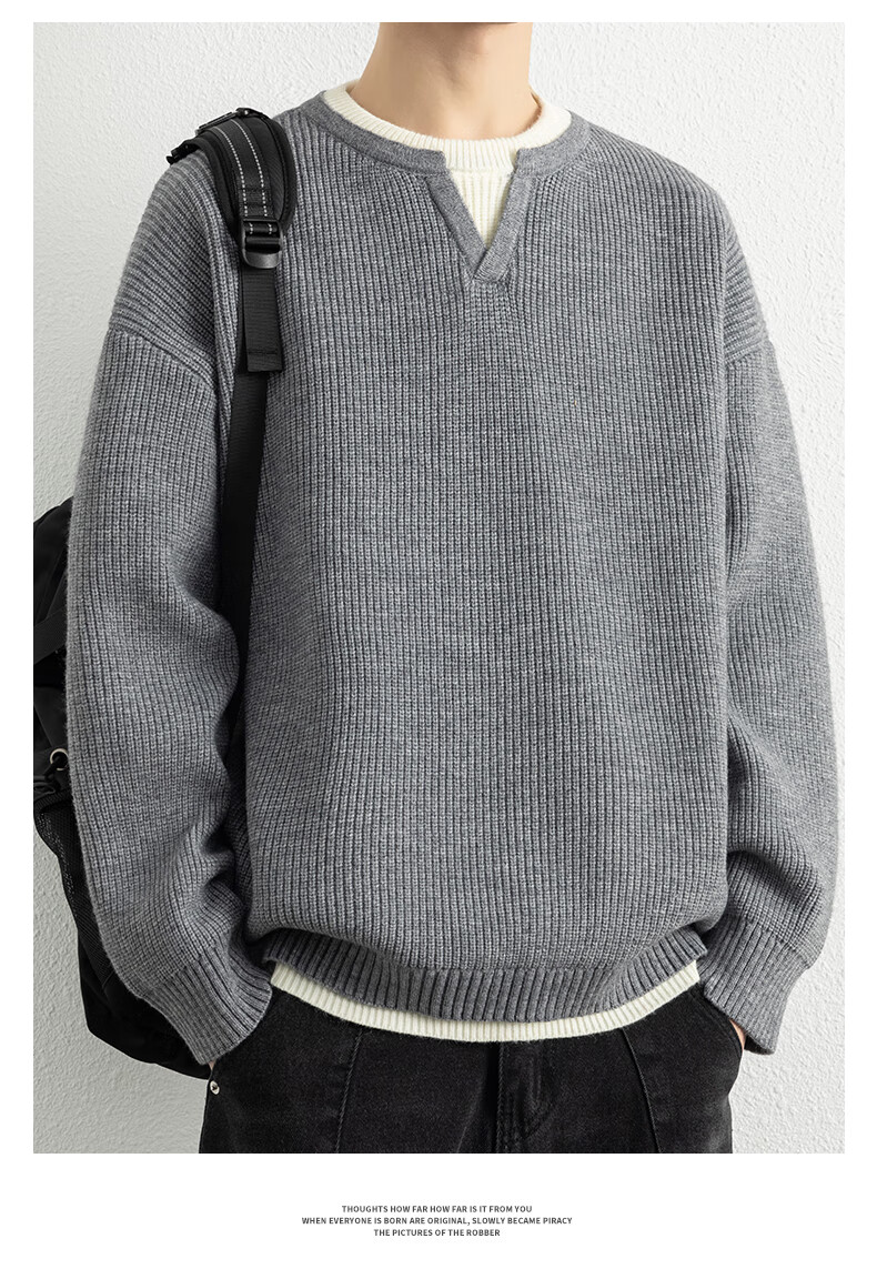 ROMON Men's Autumn Thickened Knitted Sweater, Round Neck, Fake Two-Piece Casual Versatile Pullover, Black 3XL ZH6012 8