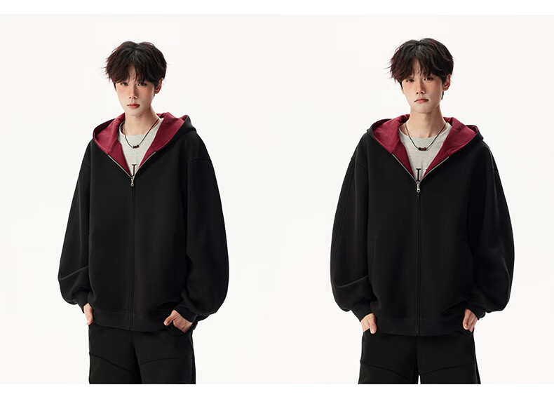 Foss Phil Men's Autumn Winter American Style Hoodie Double Zipper Colorblock Couple Zip-up Jacket 5Q1083 Black XL 14