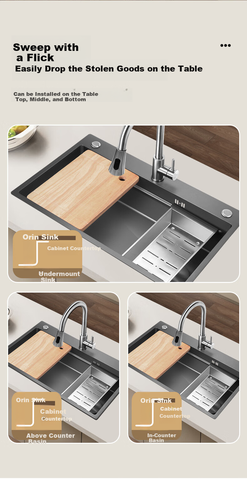 Aifuer, Oulin Large Single Sink Kitchen Sink Vegetable Washing Basin Stainless Steel Dishwashing Sink Nano 3mm Handmade Sink 881 11