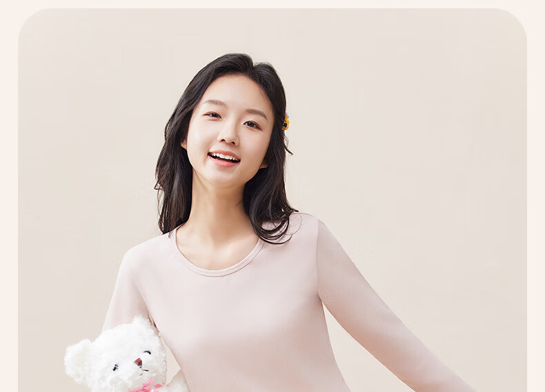 GUJIN Pure Cotton Crew Neck Thermal Underwear Set for Women, High School Girls, Autumn and Winter, Nude Pink, Size L 10