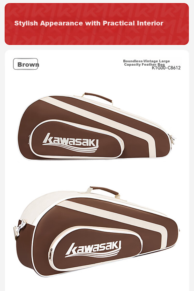 KAWASAKI Badminton Bag, Borderless Retro Handbag, 6-Racket Capacity, Large-Capacity Sports Bag, Tennis Bag C8612, Brow 11
