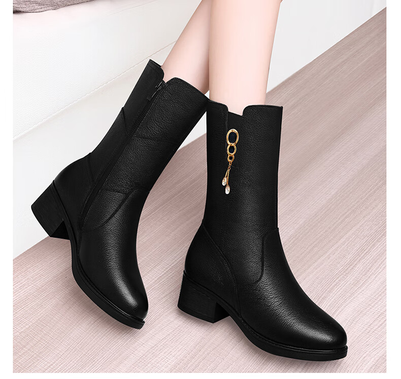 FUGUINIAO Genuine Leather Cowhide Women's Ankle Boots Autumn Winter Fleece Lined Warm Round Toe Chunky Heel Mid-Calf Boots Black Short Fleece Size 39 6