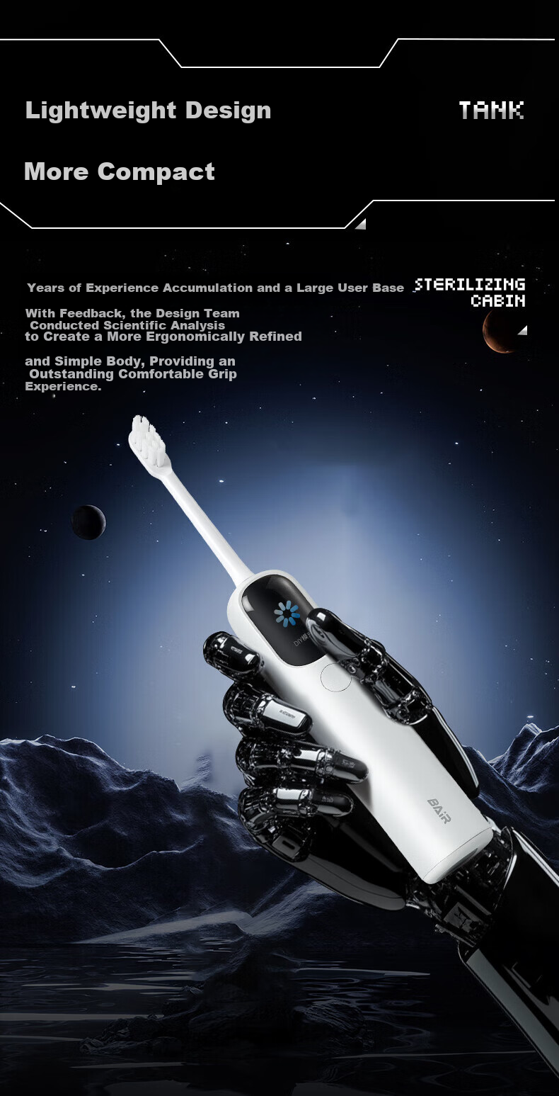 BAIR Space Capsule Sterilization Edition Large Screen Visible Smart Vibration-Integrated Sonic Electric Toothbrush for Adults, Rechargeable Soft Bristles I6 15