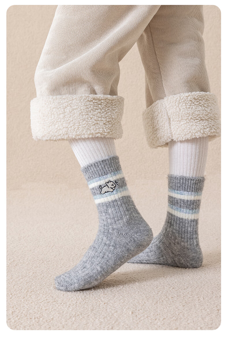 MiiOW Girls' Thickened Autumn Winter Socks Kids Boys Korean Embroidered Puppy Colorblock Warm Mid-Calf Socks 6