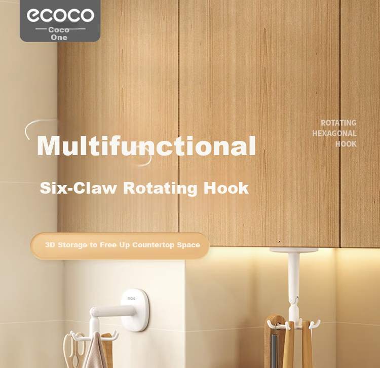 Ecoco Hook with Strong Adhesive, Hexagonal Rotating Design, No Drilling Required, Traceless Bathroom Kitchen Storage Hanger, Door-Back Hook 1
