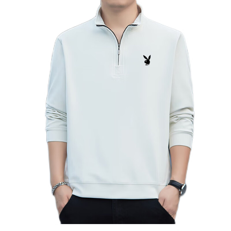 PLAYBOY Sweatshirt for Men, Spring And Autumn Long-Sleeve T-Shirt, Casual Loose-Fitting Sports Tee, Base Layer, Army Green, 2XL