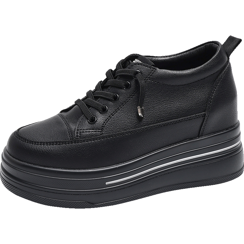 MULINSEN Women's New Thick-Soled Hidden Height Increase White Sneakers Spring Summer Casual Sports Shoes Slimming Versatile Black Size 36