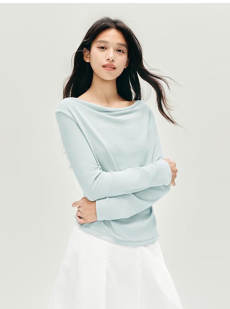 Semir Women's Long Sleeve T-shirt Short Thin Solid Color Design Sense 2025 Autumn Slim Dangling Neck Pullover 107625101001 11