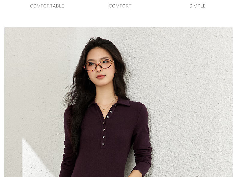 Fansiman Commuter Polo Collar Dress for Women Autumn New Slim Fit Shoulder Long Dress Mulberry Purple M 8