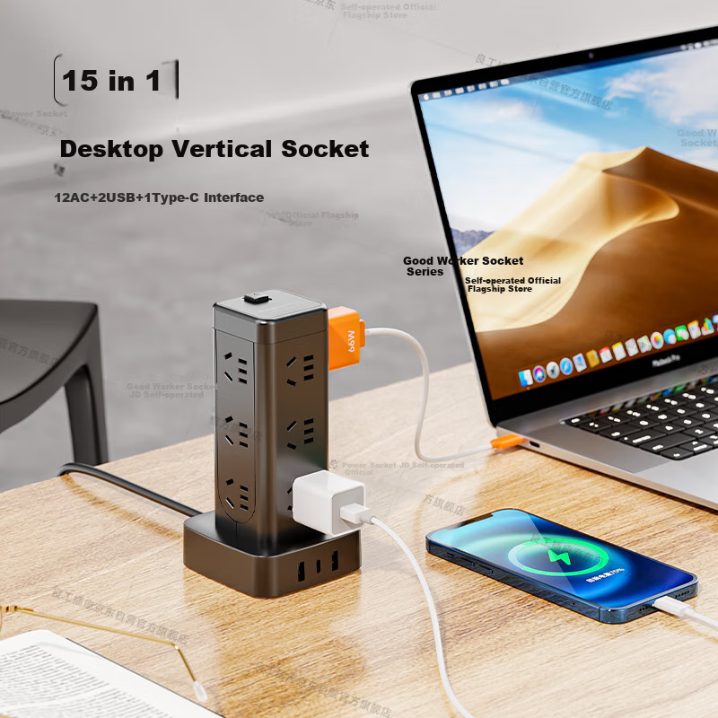 Lengon Magic Cube USB Vertical Power Strip, Master Control with 12 Outlets, 1.7 Meters, Overload Protection, Type-C Power Strip/Extension Cord/Power Board/Surge Protector U1012U-1.7 Black