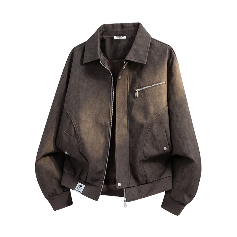 :CHOCOOLATE IT Tie-Dye Suede Velvet Jacket Men's Autumn New American Retro Collar Coat Coffee Brown M