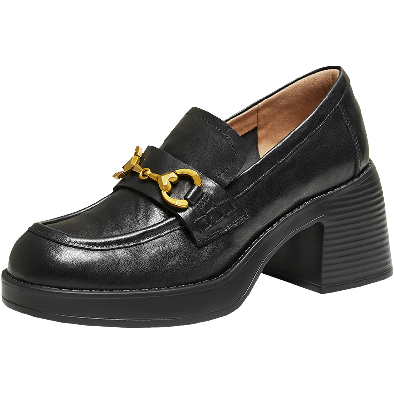 TATA Women's Shoes 2026 Spring New Black Loafers Thick Sole Black Size 37