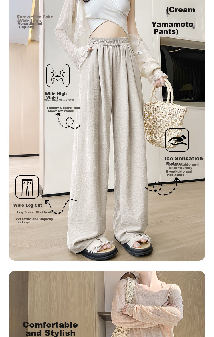 BOPRUIEY High-Waisted Cream-Colored Yamamoto-Style Pants for Women, Spring And Summer 2026 Latest Style, Lazy Casual Straight Wide-Leg Trousers 2