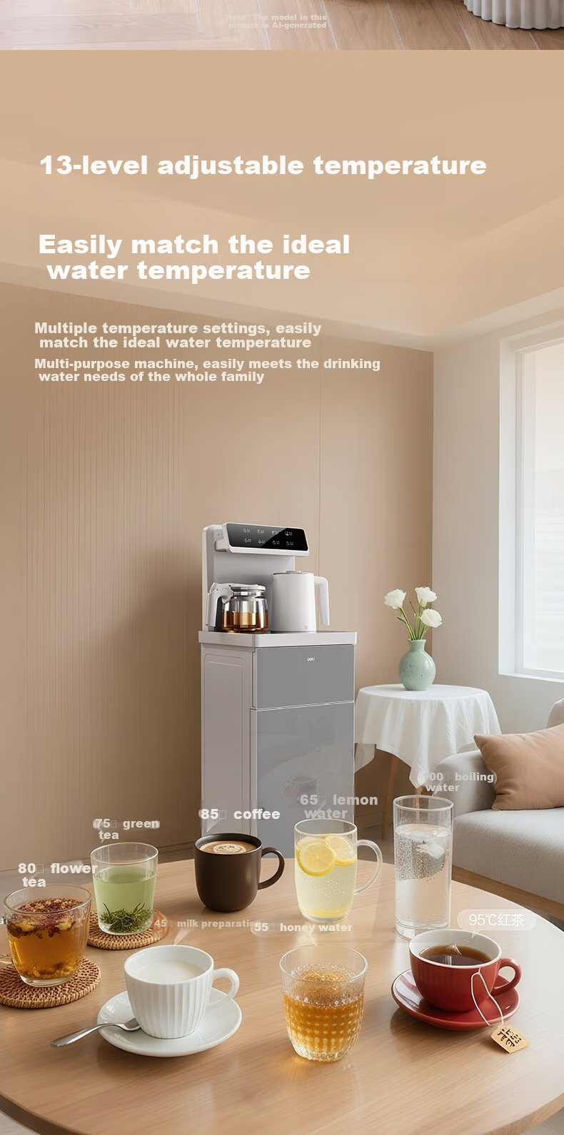 Deli Tea Bar Machine, Water Dispenser for Home Use, High-End Living Room Tea Bar Cabinet, All-In Water Dispenser, Floor-Standing, Bottled Water Storage, Bottom-Mounted Kettle 5
