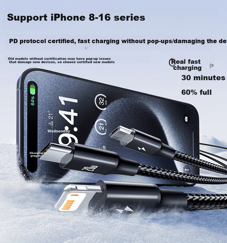 BASEUS Type-C Data Cable, Three-In Apple 18 Charging Cord, PD20W One-To Car Charger, Compatible with IPhone 15/16/17 Phones, 1.5 Meters, Black 2