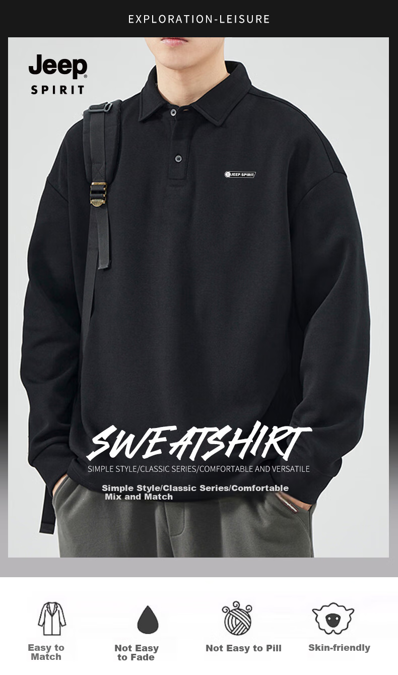 JEEP SPIRIT Men's Long Sleeve Polo Shirt Autumn Lapel Sweatshirt Loose Comfortable Sports Casual Top Black 2XL 1