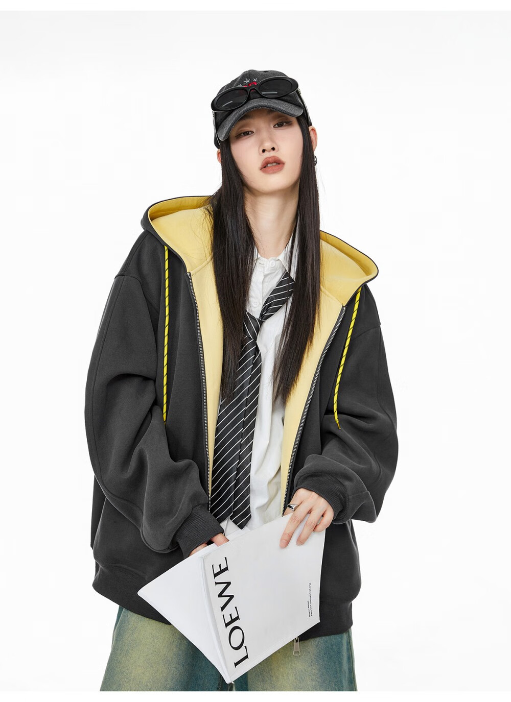 ICH MODE Women's Hoodie American Vintage Loose Fit Zip-up Sweatshirt Spring Autumn New Light Heather Gray L 37
