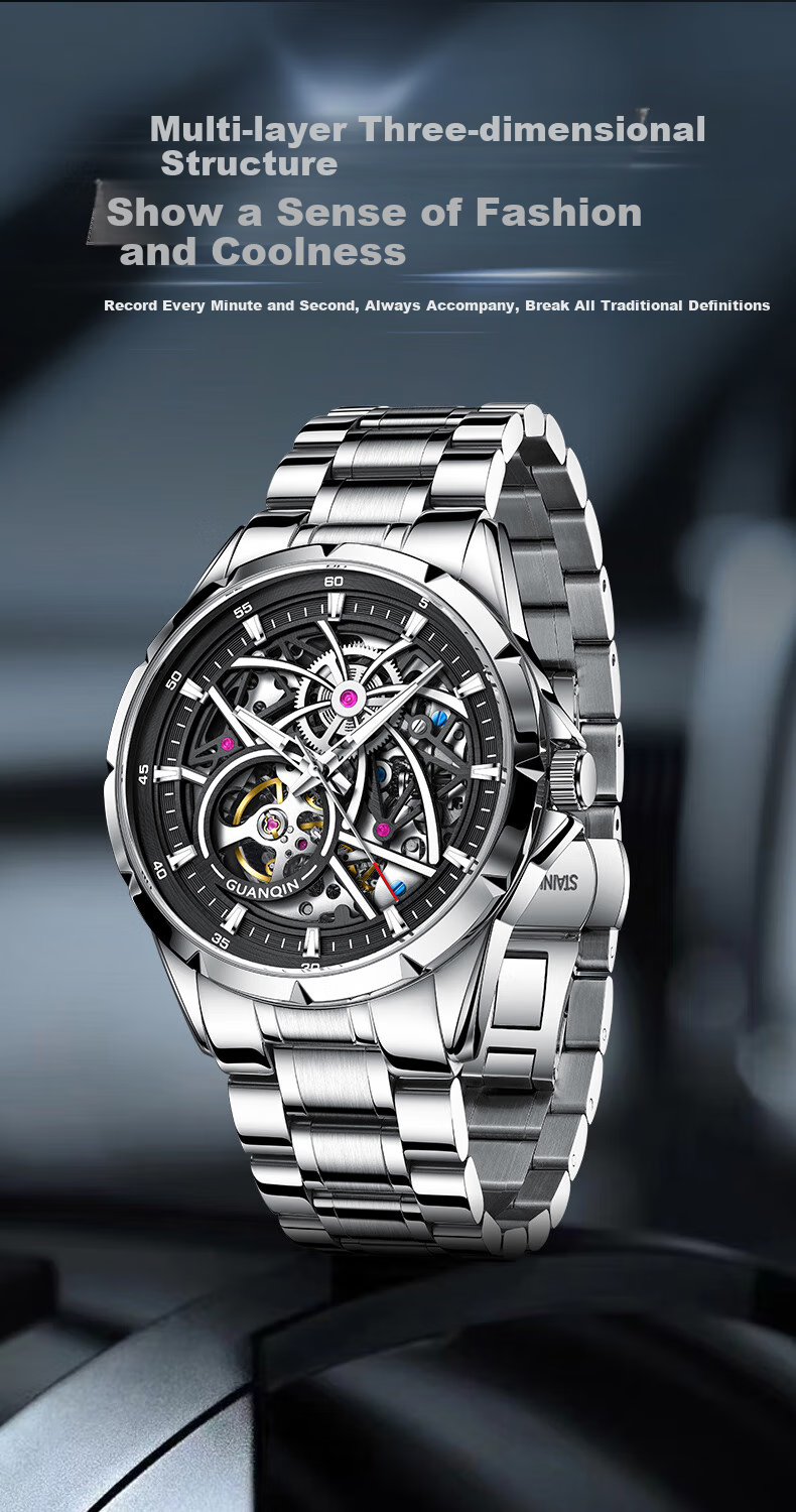 GUANQIN Men's Mechanical Watch, Swiss Certified Fully Automatic Skeleton Trendy Men's Watch, Fireworks Series Strong Luminous Famous Watch 17