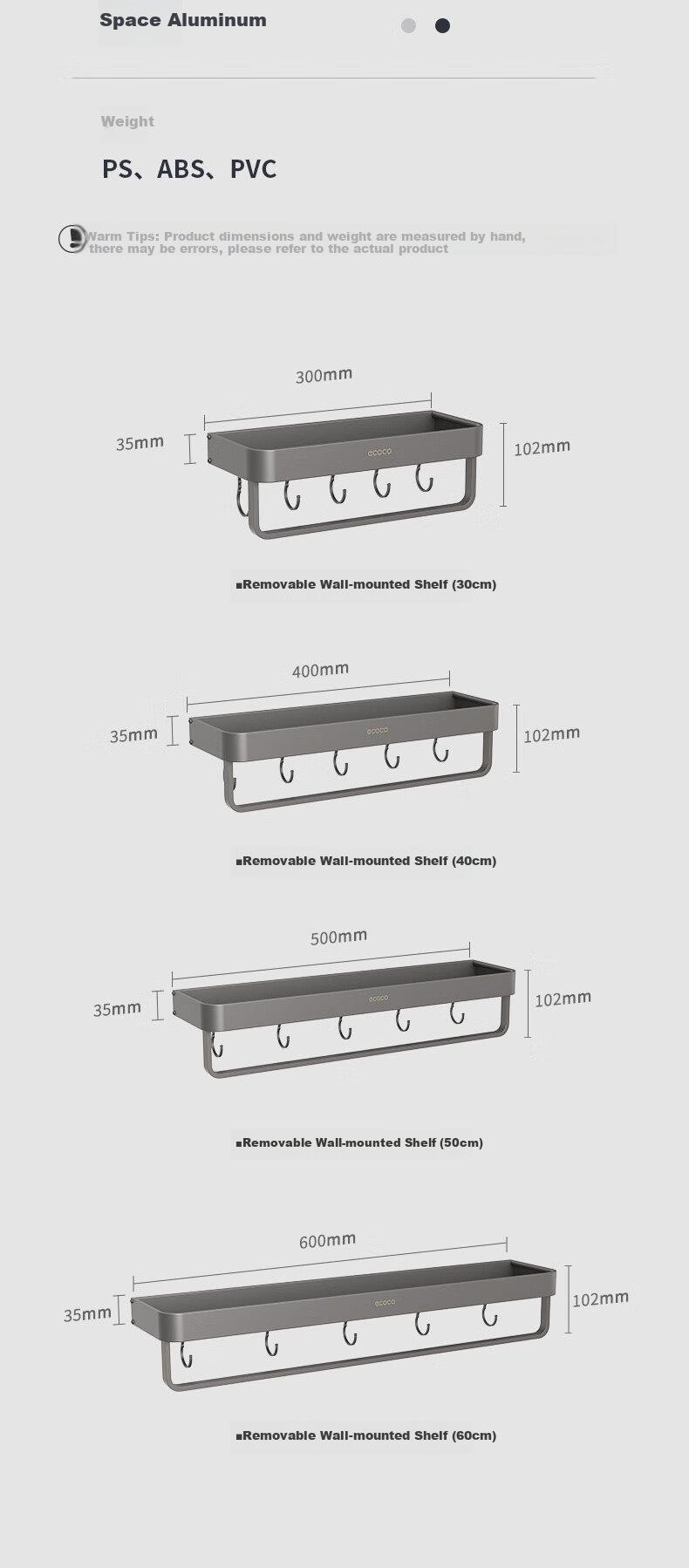 Ecoco Bathroom Storage Rack, No-Drill Wall-Mounted Space Aluminum with Hooks, Organizer Shelf for Bathroom And Kitchen, Gunmetal Gray 10