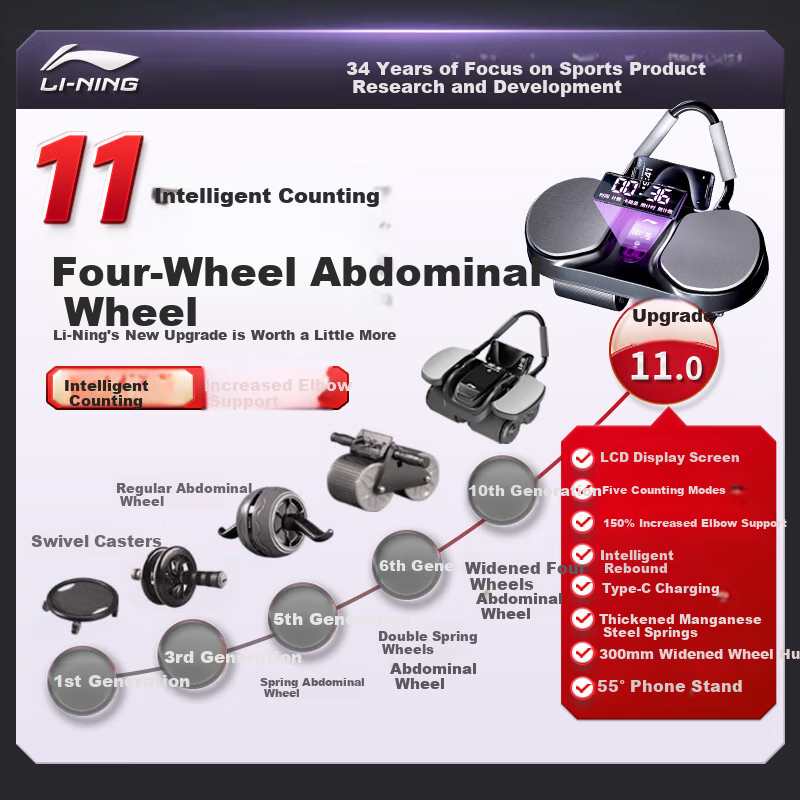 Li-Ning Four-Wheel Smart Ab Wheel with Counter, Automatic Rebound, Professional Abdominal Trainer, Abdominal Reduction Fitness Equipment for Home Use