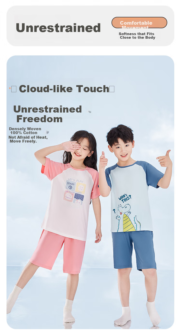 Hodohome Girls' Summer Pajamas Set, Pure Cotton Pullover Sleepwear with Short Sleeves And Shorts, Air Conditioning Wear, Style 306, Blue, Size 165 4